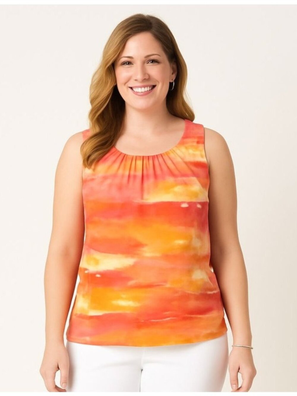 Chicos Womens Top Sleeveless Satin Blouse Orange Pink Pleated Neck Size 2 | L